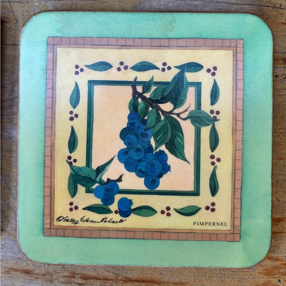 Set of 5 Vintage Pimpernel Fruit Theme Teal Border Cork Back Coasters 4 1/8” - Picture 5 of 8